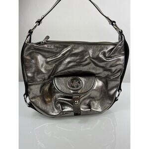 Michael Kors Logo Silver Metallic Leather Handbag Purse